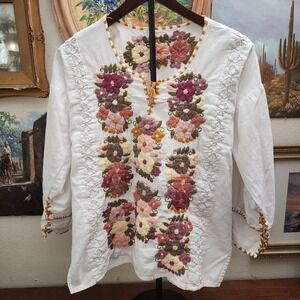 Vintage Hand Embroidered Floral Tunic Top Beige Pink Boho Cotton‎ S/M